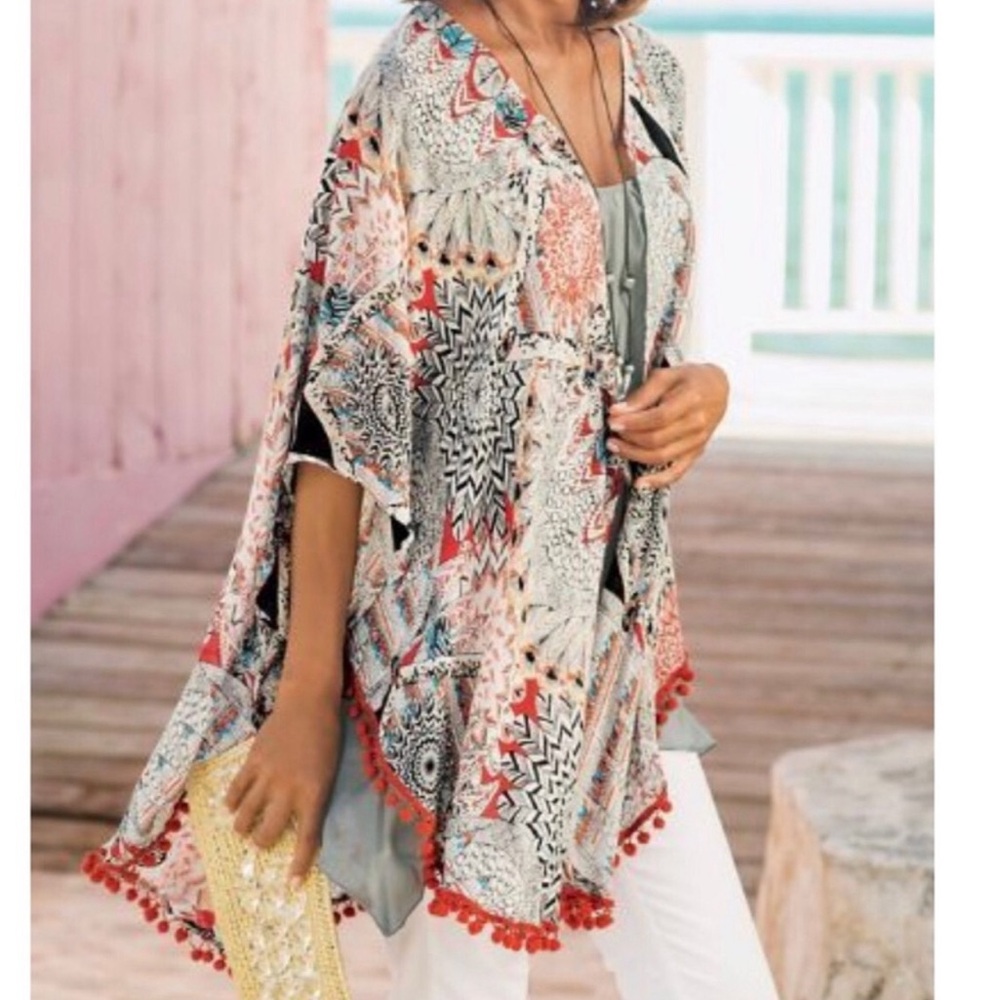 Soft Surroundings Rust Black White Artist Topper Kimono Pom Pom Fringe Fall Red